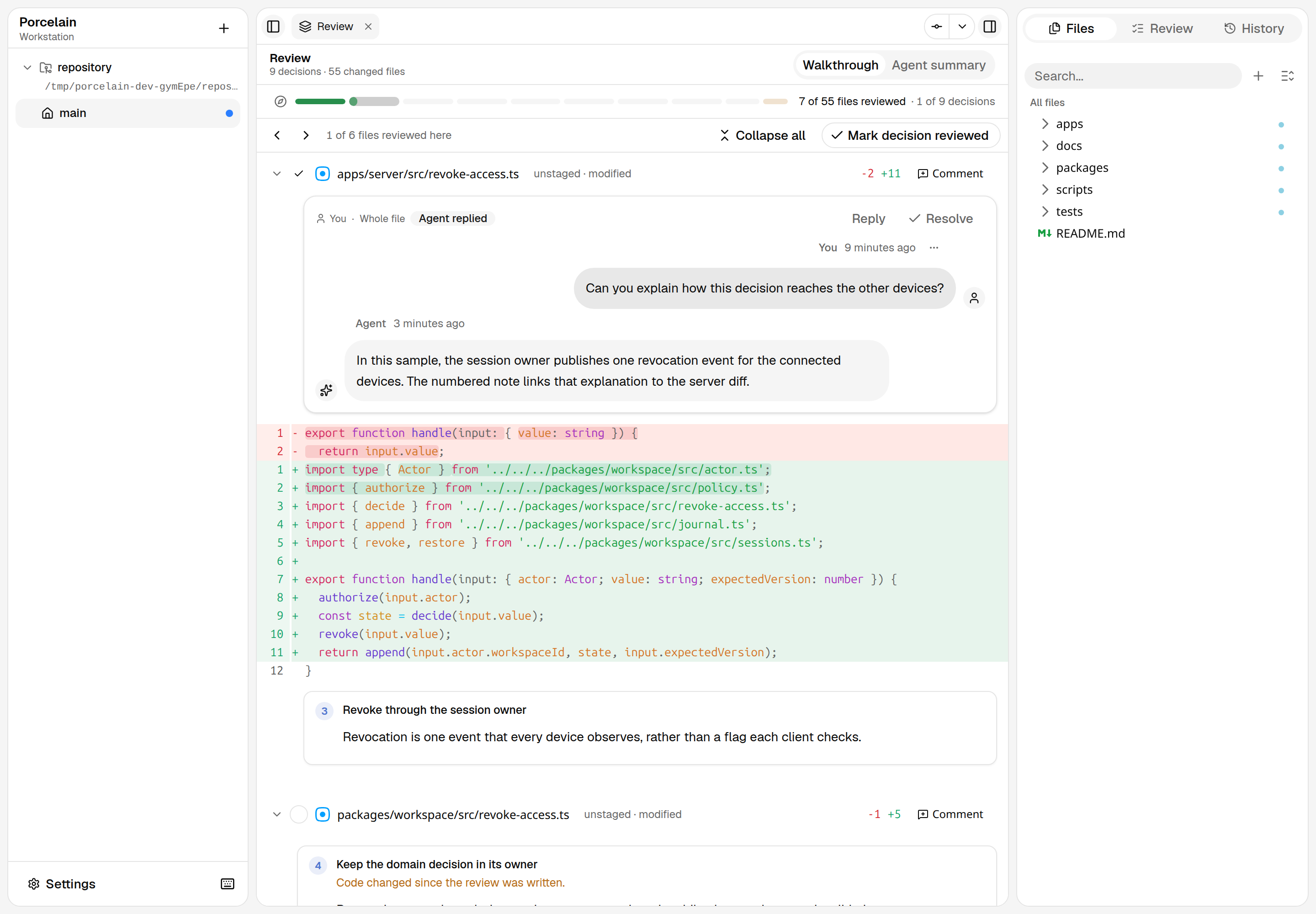 A reviewer asks about a file and the agent replies in the same thread